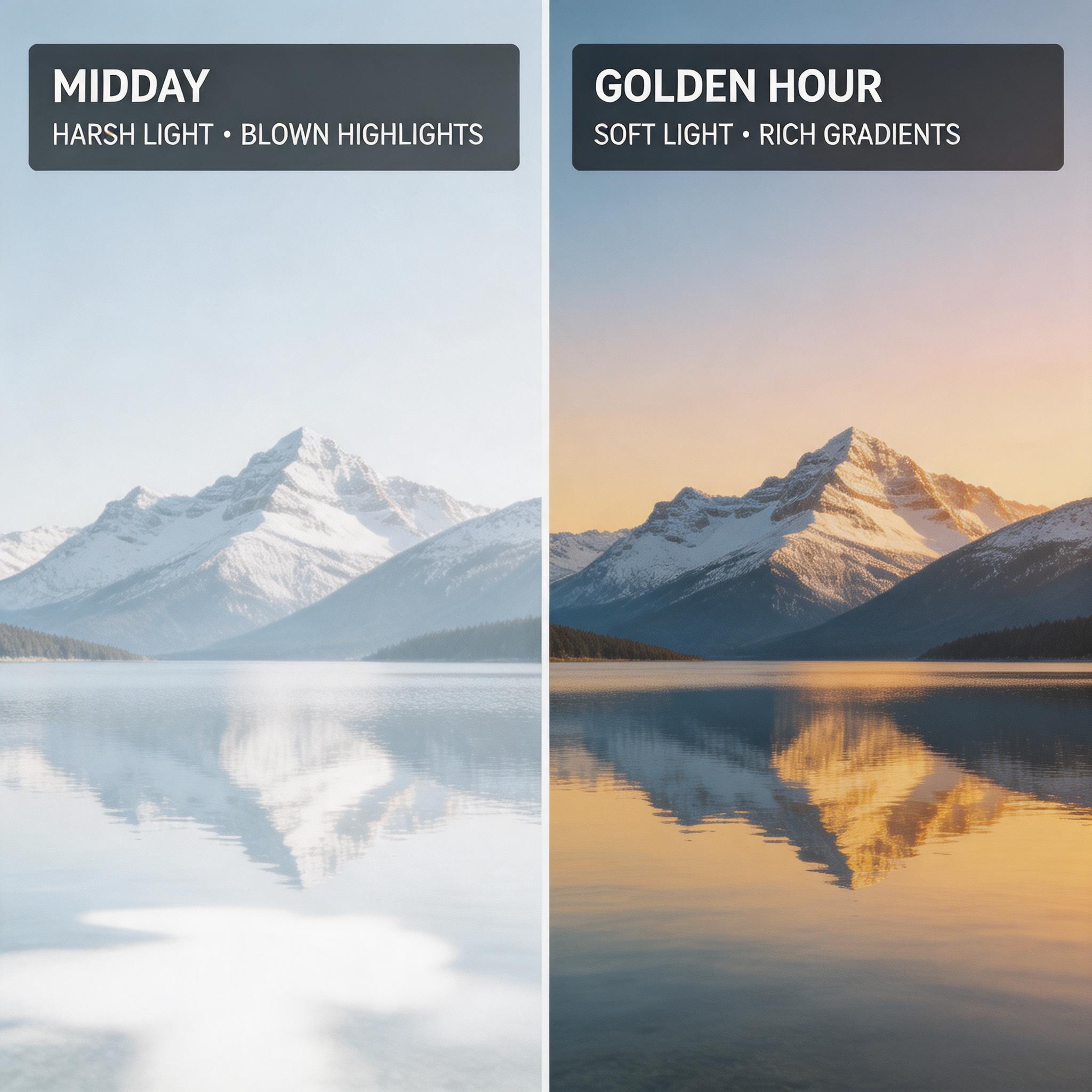 高原摄影技巧示意图包含湖面反射与三层构图